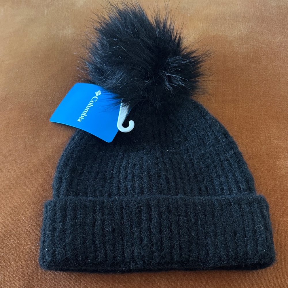 Columbia Black Knit Beanie with Faux-Fur Pom